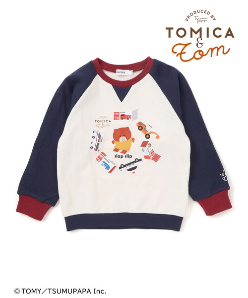 SLAP SLIP（スラップスリップ）の「【トミカとトム×SLAPSLIPコラボアイテム】はたらくくるまトムプリントラグラントレーナー(80~120cm)（スウェット・キッズ・ネイビー/ベージュ・90cm/80ｃｍ/120cm/100cm/110cm）」の2枚目の写真