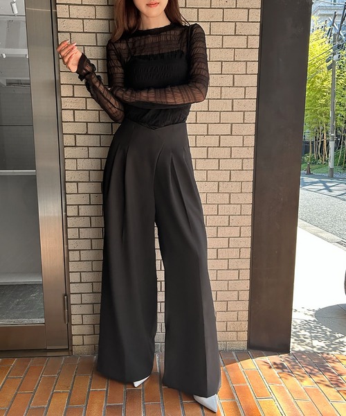 Ampirula(アンピルーラ)の「シャーリング シースルー トップス 長袖 シアートップス(Tシャツ/カットソー・レディース・ブラック/ホワイト・FREE)」の4枚目の写真