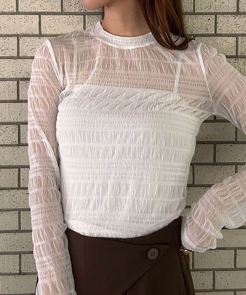 Ampirula(アンピルーラ)の「シャーリング シースルー トップス 長袖 シアートップス(Tシャツ/カットソー・レディース・ブラック/ホワイト・FREE)」の10枚目の写真