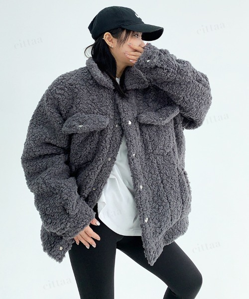 Dalfwin（ダールフィン）の「韓国ファッション 袖ラベルボアジャケット（ブルゾン・レディース・ベージュ/ブラック/グレー・FREE）」の3枚目の写真