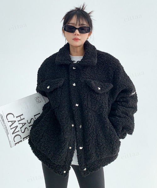 Dalfwin（ダールフィン）の「韓国ファッション 袖ラベルボアジャケット（ブルゾン・レディース・ベージュ/ブラック/グレー・FREE）」の6枚目の写真