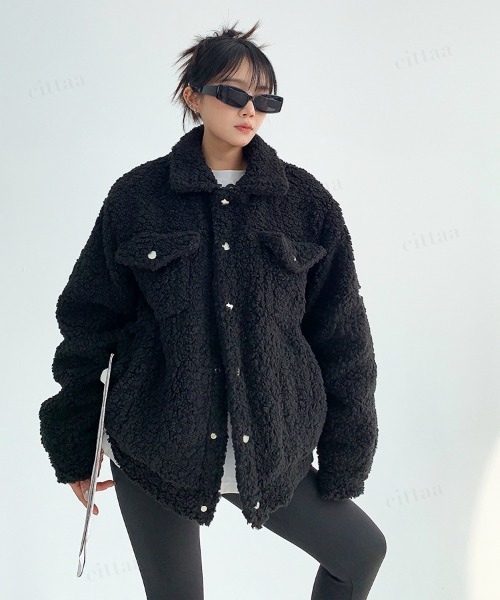 Dalfwin（ダールフィン）の「韓国ファッション 袖ラベルボアジャケット（ブルゾン・レディース・ベージュ/ブラック/グレー・FREE）」の8枚目の写真