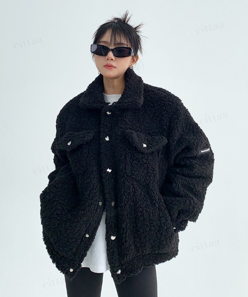 Dalfwin（ダールフィン）の「韓国ファッション 袖ラベルボアジャケット（ブルゾン・レディース・ベージュ/ブラック/グレー・FREE）」の5枚目の写真