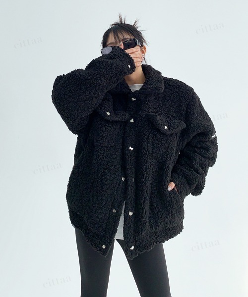 Dalfwin（ダールフィン）の「韓国ファッション 袖ラベルボアジャケット（ブルゾン・レディース・ベージュ/ブラック/グレー・FREE）」の9枚目の写真