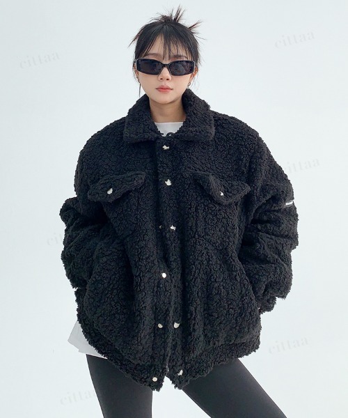 Dalfwin（ダールフィン）の「韓国ファッション 袖ラベルボアジャケット（ブルゾン・レディース・ベージュ/ブラック/グレー・FREE）」の4枚目の写真