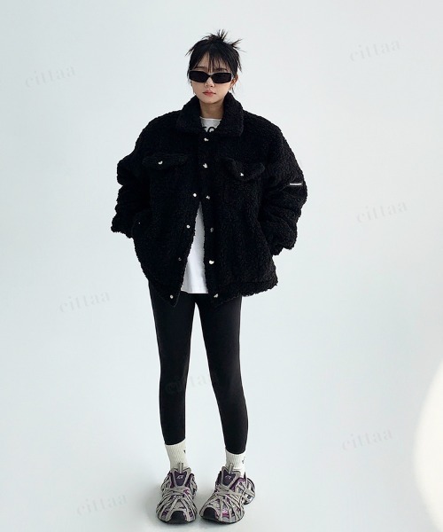 Dalfwin（ダールフィン）の「韓国ファッション 袖ラベルボアジャケット（ブルゾン・レディース・ベージュ/ブラック/グレー・FREE）」の10枚目の写真