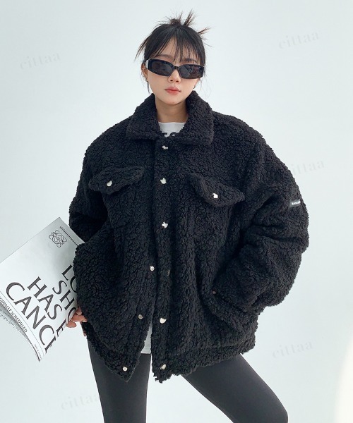 Dalfwin（ダールフィン）の「韓国ファッション 袖ラベルボアジャケット（ブルゾン・レディース・ベージュ/ブラック/グレー・FREE）」の7枚目の写真