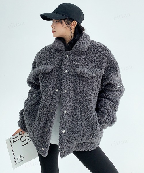 Dalfwin（ダールフィン）の「韓国ファッション 袖ラベルボアジャケット（ブルゾン・レディース・ベージュ/ブラック/グレー・FREE）」の18枚目の写真