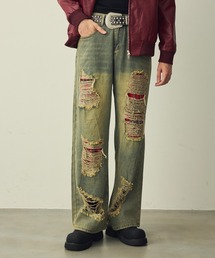 Check-Patch Destroyed Denim Pants / チェック切替クラッシュデニムパンツ