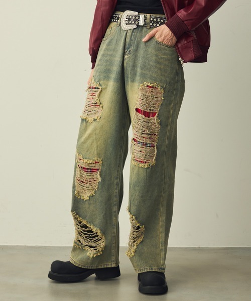 Shoowtime(ショウタイム)の「Check-Patch Destroyed Denim Pants / チェック切替クラッシュデニムパンツ(デニムパンツ・メンズ・ブルー系・X-LARGE/LARGE/MEDIUM)」の3枚目の写真