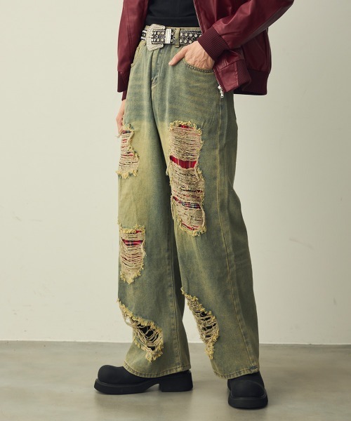 Shoowtime(ショウタイム)の「Check-Patch Destroyed Denim Pants / チェック切替クラッシュデニムパンツ(デニムパンツ・メンズ・ブルー系・X-LARGE/LARGE/MEDIUM)」の6枚目の写真