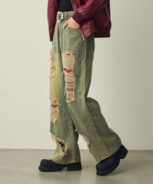 Shoowtime(ショウタイム)の「Check-Patch Destroyed Denim Pants / チェック切替クラッシュデニムパンツ(デニムパンツ・メンズ・ブルー系・X-LARGE/LARGE/MEDIUM)」の2枚目の写真