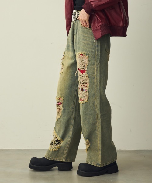 Shoowtime(ショウタイム)の「Check-Patch Destroyed Denim Pants / チェック切替クラッシュデニムパンツ(デニムパンツ・メンズ・ブルー系・X-LARGE/LARGE/MEDIUM)」の5枚目の写真