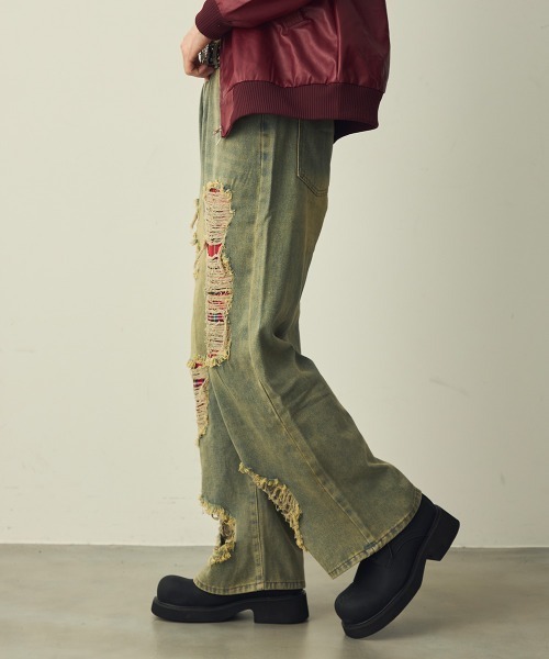Shoowtime(ショウタイム)の「Check-Patch Destroyed Denim Pants / チェック切替クラッシュデニムパンツ(デニムパンツ・メンズ・ブルー系・X-LARGE/LARGE/MEDIUM)」の4枚目の写真