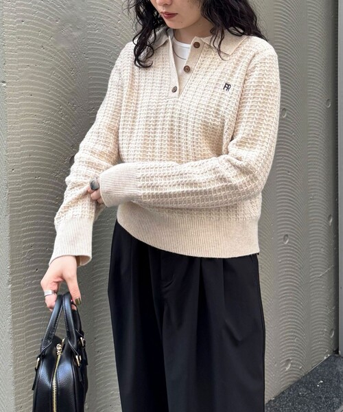 フレディエミュ（fredy emue）/FR刺繍ケーブル柄ポロ衿ニットプルオーバー セール】FR刺繍ケーブル柄ポロ衿ニットプルオーバー（ニット/セーター