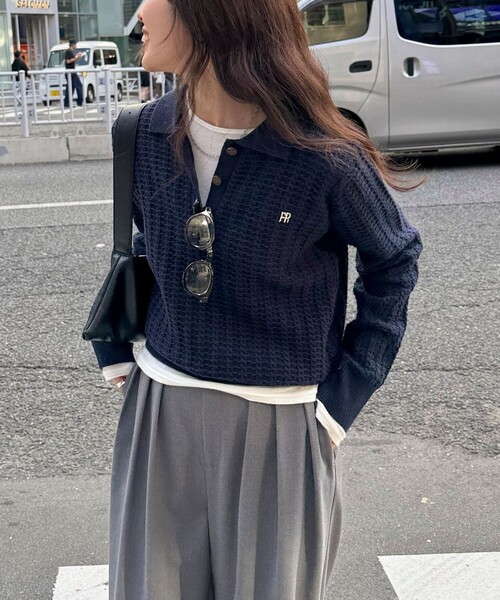 セール】FR刺繍ケーブル柄ポロ衿ニットプルオーバー（ニット/セーター