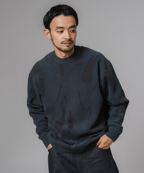 ジャガード シェニール ヤーン クルーネック プルオーバー（ニット