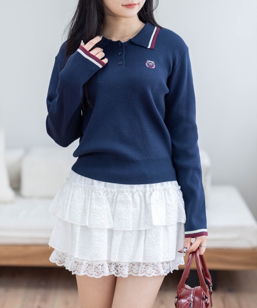 clear（クリア）の「刺繍入り配色ポロニット［大人 カジュアル 着回し力抜群］≪AW新作≫（ニット/セーター・レディース・ネイビー/アイボリー/ブラウン・F）」の4枚目の写真