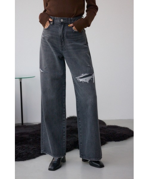 AZUL by moussy(アズールバイマウジー)の「AZUL DENIM リペアワイドデニム(デニムパンツ・レディース・ライトブルー/ライトブラック・SMALL/MEDIUM)」の1枚目の写真