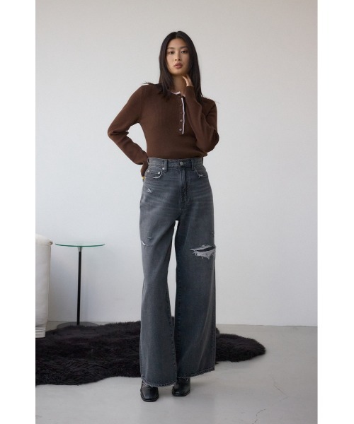 AZUL by moussy(アズールバイマウジー)の「AZUL DENIM リペアワイドデニム(デニムパンツ・レディース・ライトブルー/ライトブラック・SMALL/MEDIUM)」の5枚目の写真