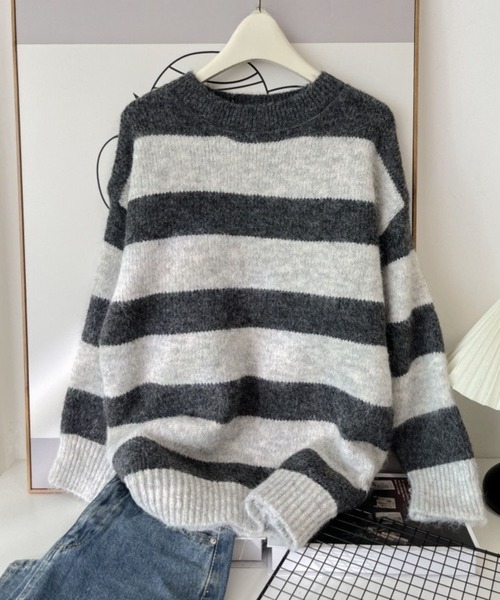 CADBURY（キャドバリー）の「ｸﾙｰﾈｯｸﾎﾞｰﾀﾞｰﾆｯﾄ（ニット/セーター・レディース・ホワイト/オレンジ/グレー/ブルー・FREE）」の3枚目の写真