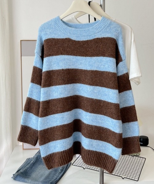 CADBURY（キャドバリー）の「ｸﾙｰﾈｯｸﾎﾞｰﾀﾞｰﾆｯﾄ（ニット/セーター・レディース・ホワイト/オレンジ/グレー/ブルー・FREE）」の5枚目の写真