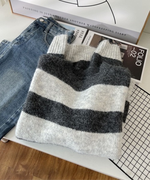 CADBURY（キャドバリー）の「ｸﾙｰﾈｯｸﾎﾞｰﾀﾞｰﾆｯﾄ（ニット/セーター・レディース・ホワイト/オレンジ/グレー/ブルー・FREE）」の6枚目の写真