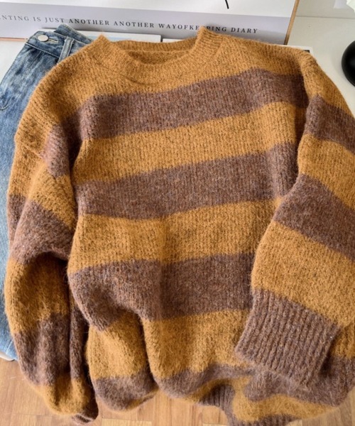 CADBURY（キャドバリー）の「ｸﾙｰﾈｯｸﾎﾞｰﾀﾞｰﾆｯﾄ（ニット/セーター・レディース・ホワイト/オレンジ/グレー/ブルー・FREE）」の7枚目の写真