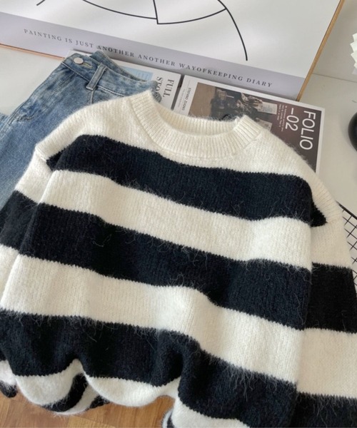 CADBURY（キャドバリー）の「ｸﾙｰﾈｯｸﾎﾞｰﾀﾞｰﾆｯﾄ（ニット/セーター・レディース・ホワイト/オレンジ/グレー/ブルー・FREE）」の8枚目の写真