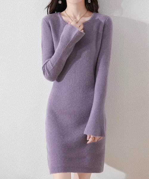 Miniministore(ミニミニストア)の「キーネック タイトリブニットワンピース(ワンピース・レディース・ラベンダー/ライトベージュ/カーキ/ブラック/モカ・FREE)」の5枚目の写真