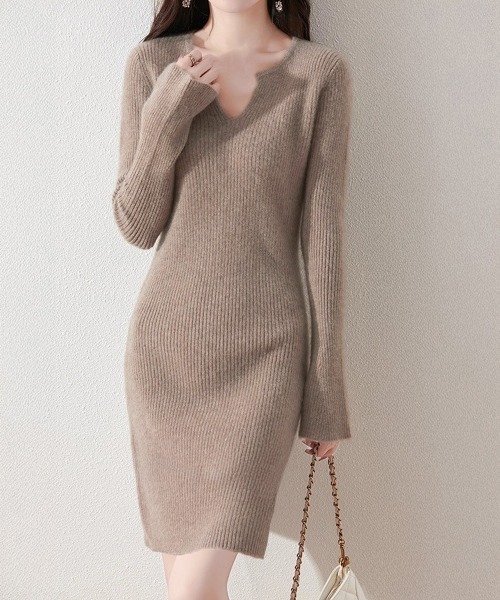 Miniministore(ミニミニストア)の「キーネック タイトリブニットワンピース(ワンピース・レディース・ラベンダー/ライトベージュ/カーキ/ブラック/モカ・FREE)」の1枚目の写真
