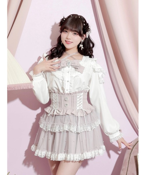 ビジューリボンチョーカーネックオープンショルダーブラウス（シャツ