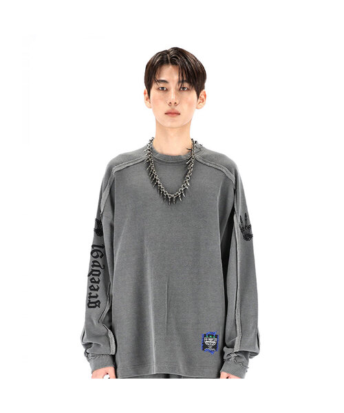 OURPOCKETS(アワーポケッツ)の「グリッドピグメントボンオーバーサイズロングスリーブスウェットシャツ(スティールグレー)(Tシャツ/カットソー・レディース・グレー・MEDIUM/X-LARGE)」の1枚目の写真