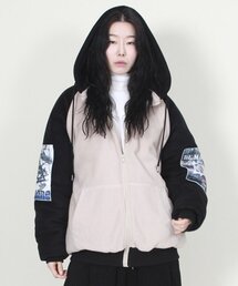 グラフィック配色フリースダウンフードジャケット ver.2 ベージュ&ブラック