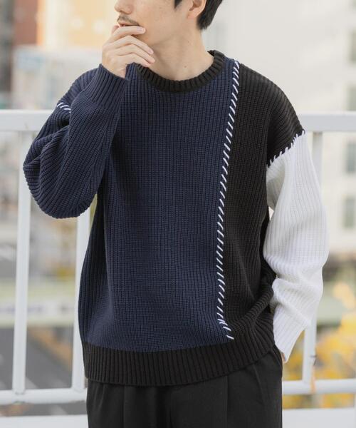 ITEMS URBANRESEARCH（アイテムズ アーバンリサーチ）の「ブランケットステッチ パッチワークニット（ニット/セーター・メンズ・ホワイト/ネイビー/ブラック・MEDIUM/LARGE）」の3枚目の写真