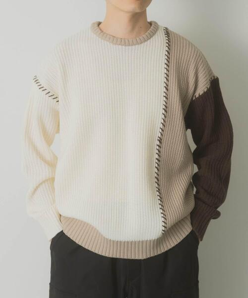 ITEMS URBANRESEARCH（アイテムズ アーバンリサーチ）の「ブランケットステッチ パッチワークニット（ニット/セーター・メンズ・ホワイト/ネイビー/ブラック・MEDIUM/LARGE）」の4枚目の写真