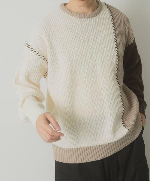 ITEMS URBANRESEARCH（アイテムズ アーバンリサーチ）の「ブランケットステッチ パッチワークニット（ニット/セーター・メンズ・ホワイト/ネイビー/ブラック・MEDIUM/LARGE）」の5枚目の写真