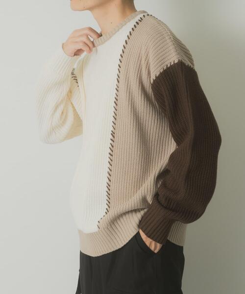 ITEMS URBANRESEARCH（アイテムズ アーバンリサーチ）の「ブランケットステッチ パッチワークニット（ニット/セーター・メンズ・ホワイト/ネイビー/ブラック・MEDIUM/LARGE）」の6枚目の写真