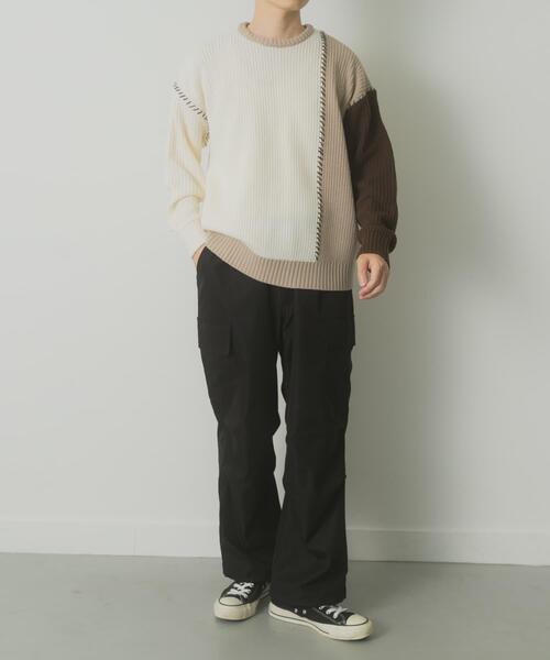 ITEMS URBANRESEARCH（アイテムズ アーバンリサーチ）の「ブランケットステッチ パッチワークニット（ニット/セーター・メンズ・ホワイト/ネイビー/ブラック・MEDIUM/LARGE）」の8枚目の写真