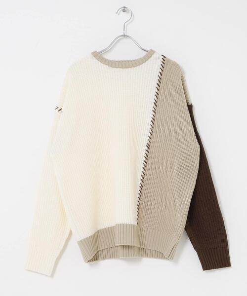 ITEMS URBANRESEARCH（アイテムズ アーバンリサーチ）の「ブランケットステッチ パッチワークニット（ニット/セーター・メンズ・ホワイト/ネイビー/ブラック・MEDIUM/LARGE）」の9枚目の写真