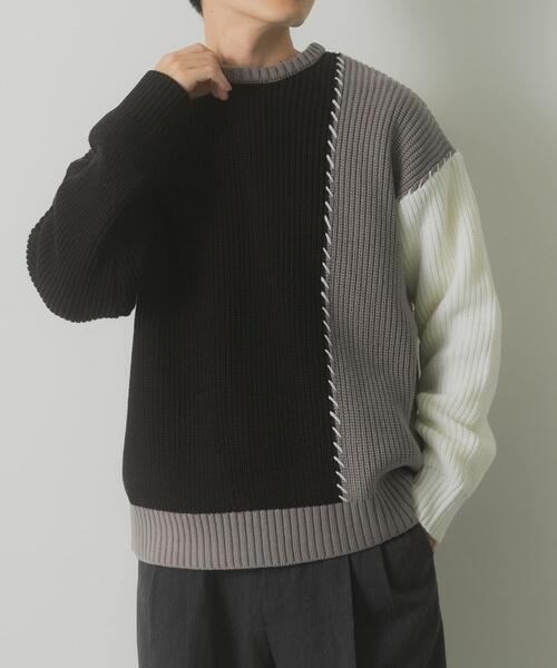 ITEMS URBANRESEARCH（アイテムズ アーバンリサーチ）の「ブランケットステッチ パッチワークニット（ニット/セーター・メンズ・ホワイト/ネイビー/ブラック・MEDIUM/LARGE）」の11枚目の写真
