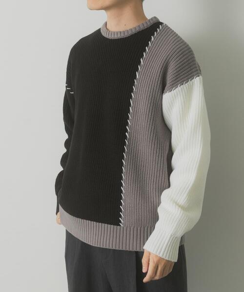 ITEMS URBANRESEARCH（アイテムズ アーバンリサーチ）の「ブランケットステッチ パッチワークニット（ニット/セーター・メンズ・ホワイト/ネイビー/ブラック・MEDIUM/LARGE）」の12枚目の写真