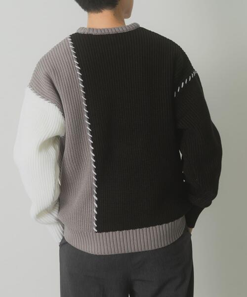 ITEMS URBANRESEARCH（アイテムズ アーバンリサーチ）の「ブランケットステッチ パッチワークニット（ニット/セーター・メンズ・ホワイト/ネイビー/ブラック・MEDIUM/LARGE）」の13枚目の写真