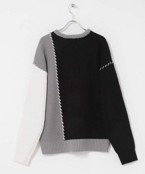 ITEMS URBANRESEARCH（アイテムズ アーバンリサーチ）の「ブランケットステッチ パッチワークニット（ニット/セーター・メンズ・ホワイト/ネイビー/ブラック・MEDIUM/LARGE）」の18枚目の写真