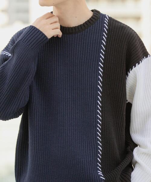 ITEMS URBANRESEARCH（アイテムズ アーバンリサーチ）の「ブランケットステッチ パッチワークニット（ニット/セーター・メンズ・ホワイト/ネイビー/ブラック・MEDIUM/LARGE）」の21枚目の写真