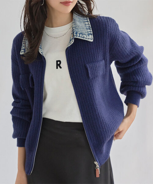 セール】デニム襟ジップニットカーディガン（カーディガン/ボレロ