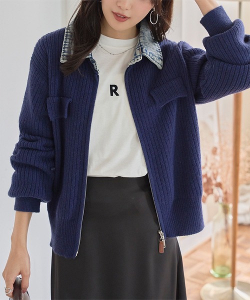 デニム襟ジップニットカーディガン（カーディガン/ボレロ）｜KOBE
