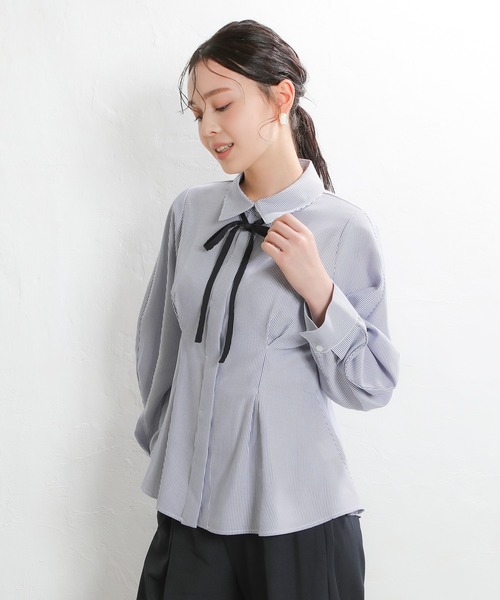 ASTORIA ODIER（アストリアオディール）の「ストライプ配色リボンペプラムブラウス（シャツ/ブラウス・レディース・ホワイト×ブラック/ホワイト×ブルー・MEDIUM）」の6枚目の写真