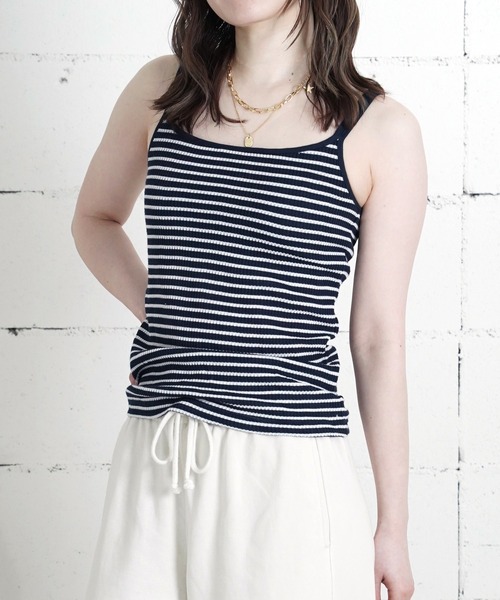 JEMORGAN(ジェーイーモーガン)の「"04"≪JEMORGAN≫パックT ワッフル 花柄 & ボーダー柄 カップ付き キャミソール(キャミソール・レディース・ブルー系2/パープル系1/グレー×ホワイト/ライラック系1/ネイビー×ホワイト/ベージュ×ブラック/ブルー系1/ピンク系2/ピンク系1・FREE)」の3枚目の写真