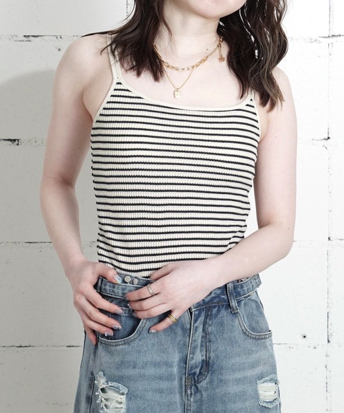 JEMORGAN(ジェーイーモーガン)の「"04"≪JEMORGAN≫パックT ワッフル 花柄 & ボーダー柄 カップ付き キャミソール(キャミソール・レディース・ブルー系2/パープル系1/グレー×ホワイト/ライラック系1/ネイビー×ホワイト/ベージュ×ブラック/ブルー系1/ピンク系2/ピンク系1・FREE)」の2枚目の写真